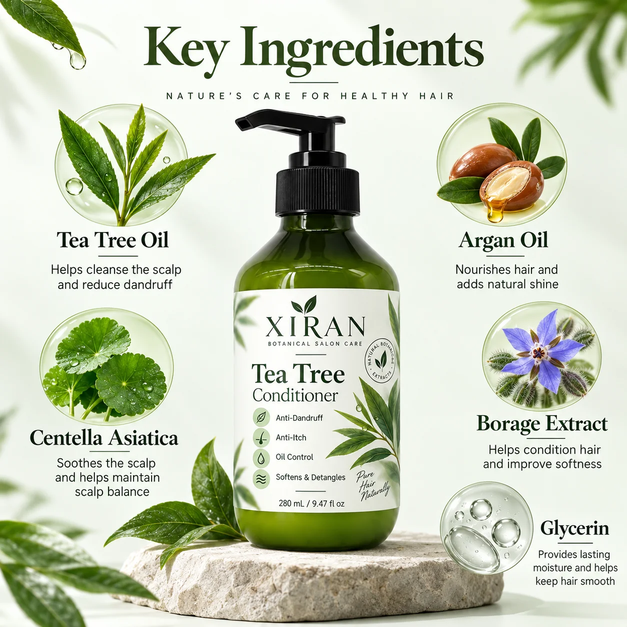 Bottle of Xiran tea tree conditioner featuring key natural ingredients like tea tree oil, argan oil, centella asiatica, borage extract, and glycerin with benefits listed.